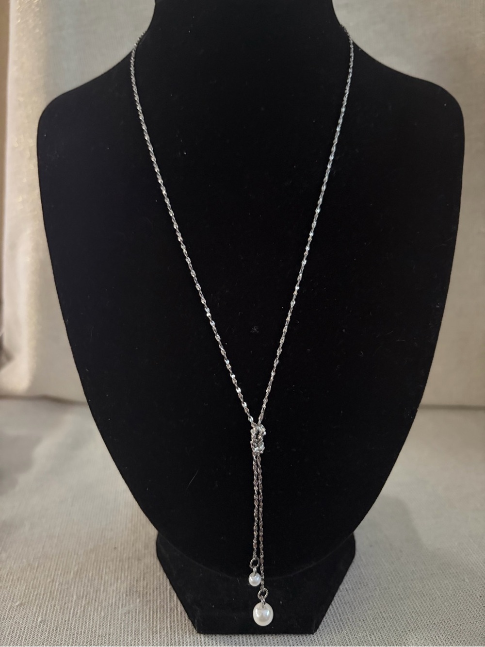 Silver Long Lariat Necklace with Pearl Drops